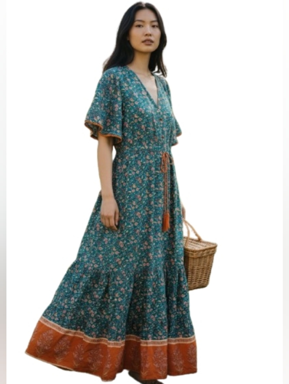 Anna-Kaci Teal/Pink/Rust Bohemian Maxi Dress Size L Tie Tiered Hem Short Sleeve